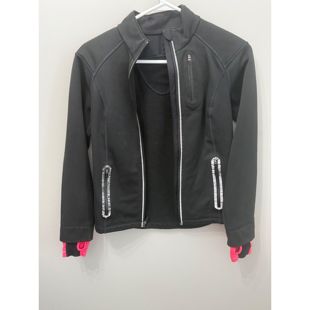 New Balance Womens Run Jacket Full Zip Black Neon Pink Thumbholes Size XS
